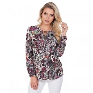 Lucky Brand Floral Peasant Tunic Blouse Sheer Tie-Neck Top XL